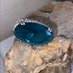 NEW 925 Silver Plated Large Faceted Teal Blue Glass Ornate Ring